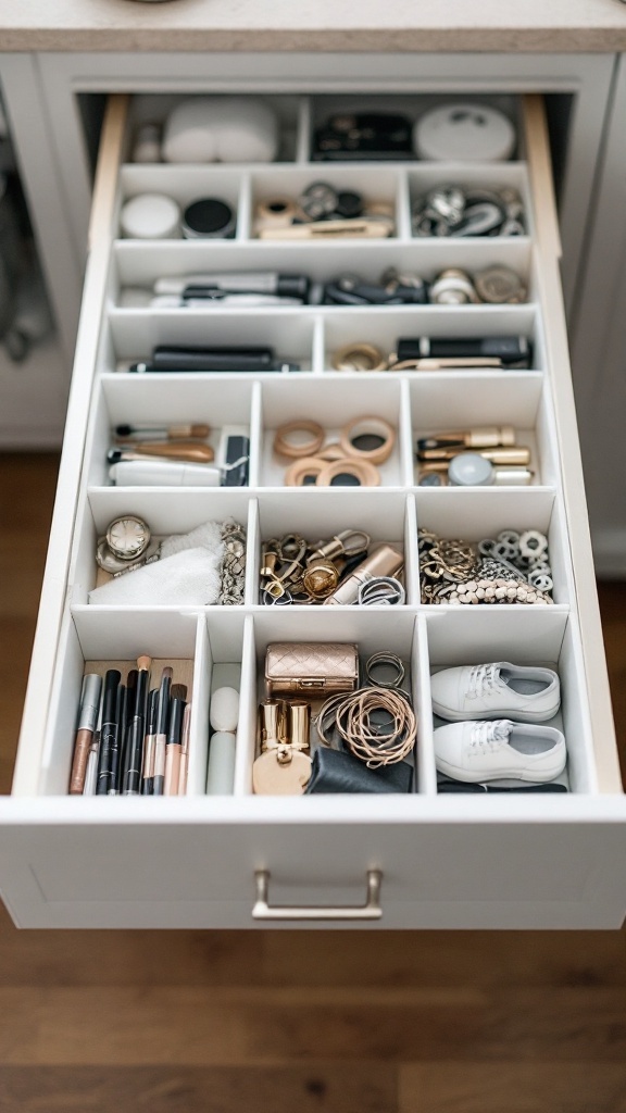 A well-organized drawer with various items including cosmetics, jewelry, and other accessories neatly arranged in compartments.