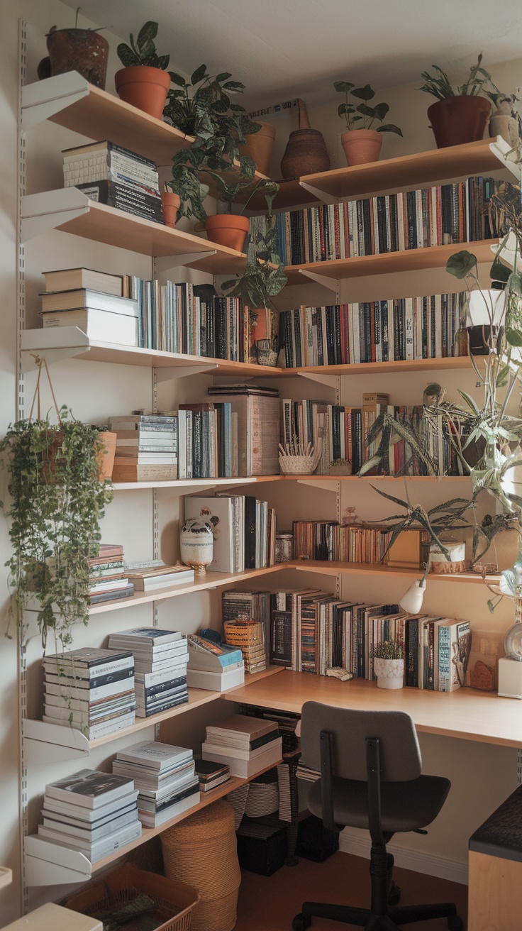 Customized Ivar shelves displaying books and plants in a small space