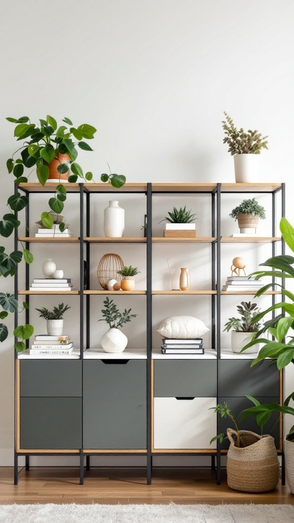 Customized IKEA Kallax unit used as a room divider, with plants and decorative items