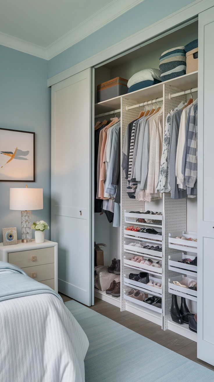 A well-organized closet with clothes on hangers and shoes neatly stored, showcasing effective use of space in a small bedroom.