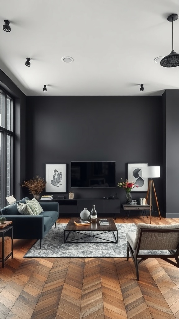 Living room with deep charcoal walls and modern decor.