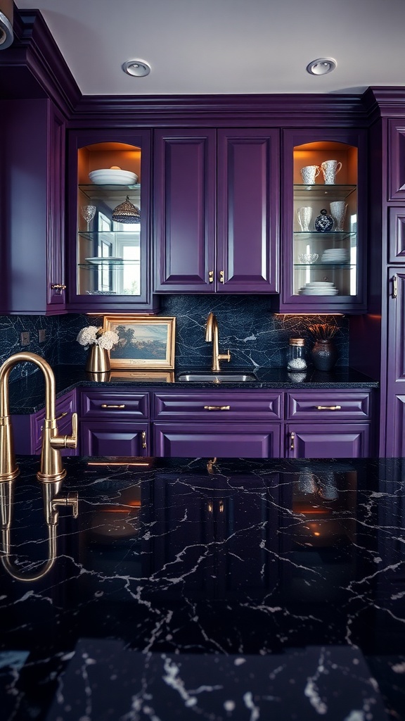 A kitchen featuring deep purple cabinets and black granite countertops.