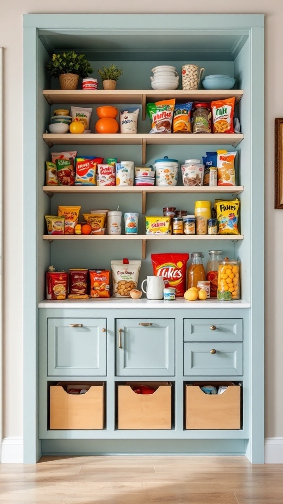 A colorful and organized walk-in pantry with snacks and drinks for kids