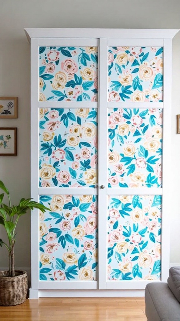 A closet with floral fabric panels, showcasing a custom look.