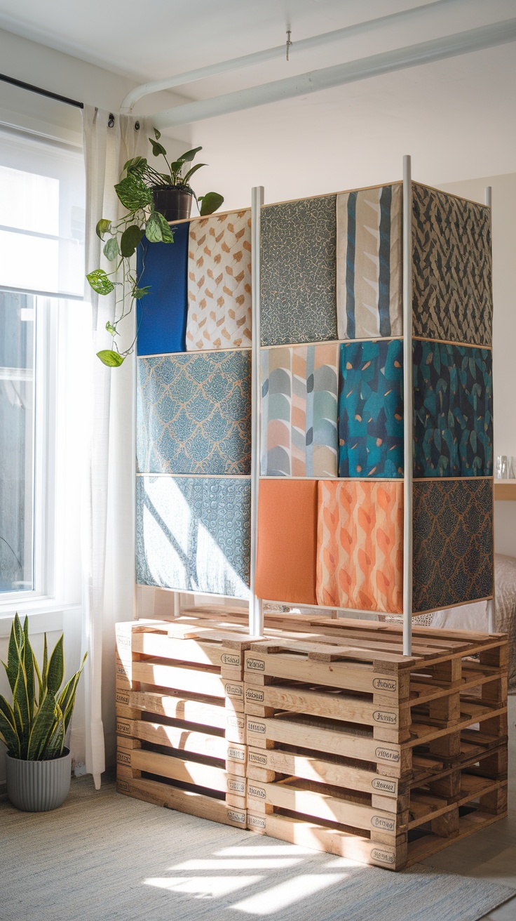 A DIY IVAR room divider made with fabric panels and wooden pallets.