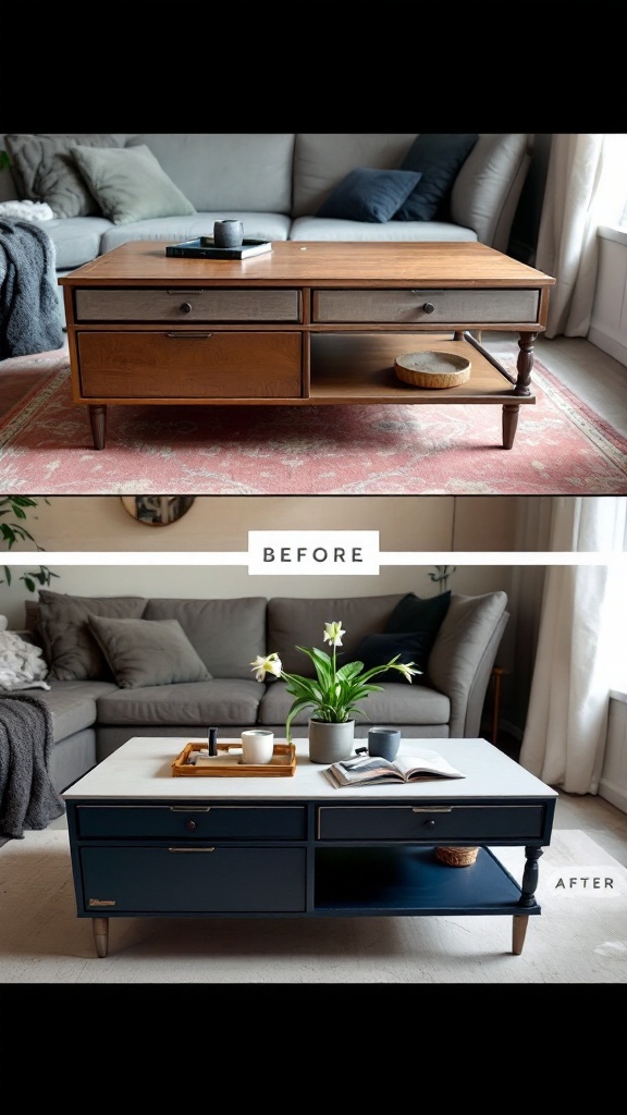 Before and after transformation of a coffee table, showcasing a wooden table turned into a sleek navy finish with a light top.