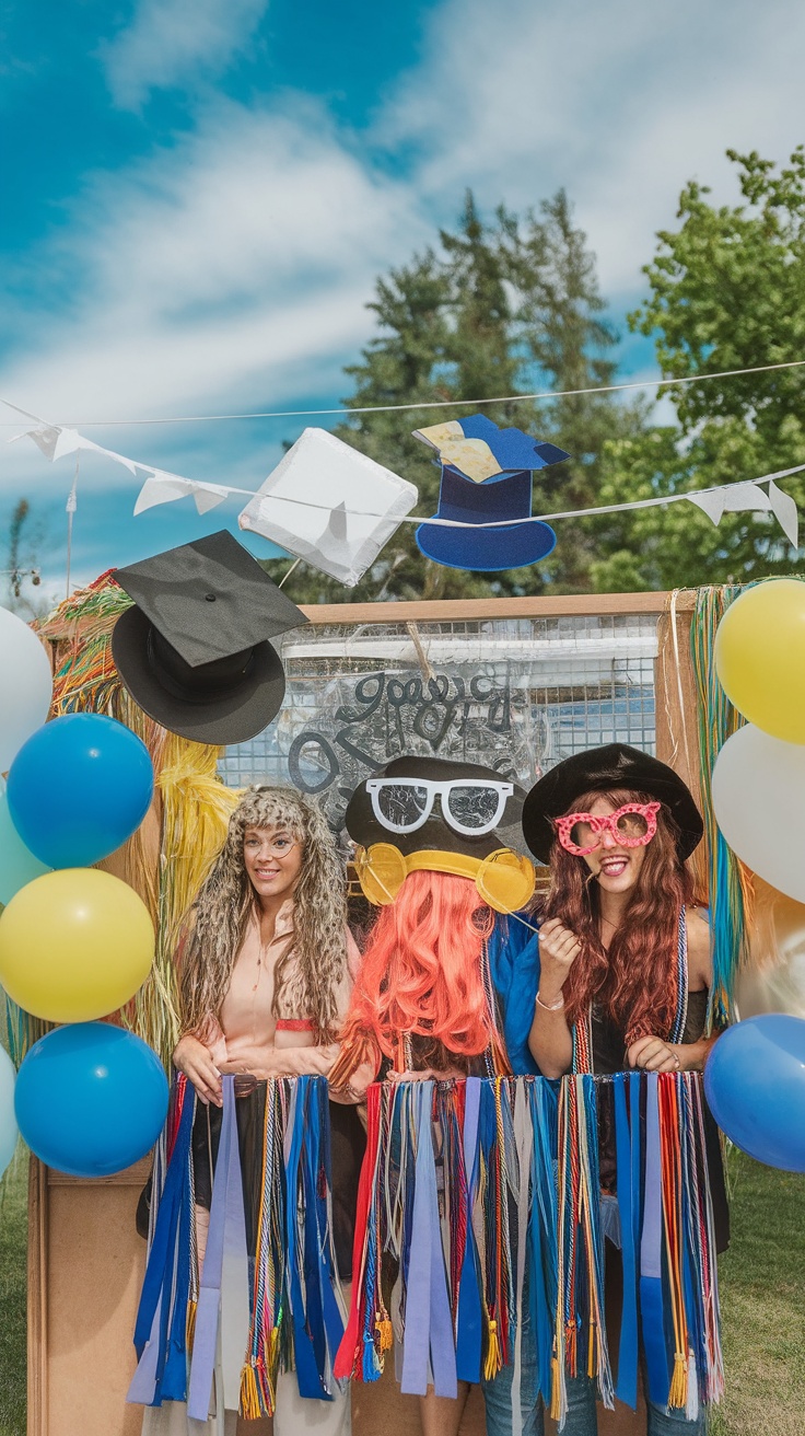 Three friends at a colorful DIY photo booth with graduation-themed decorations