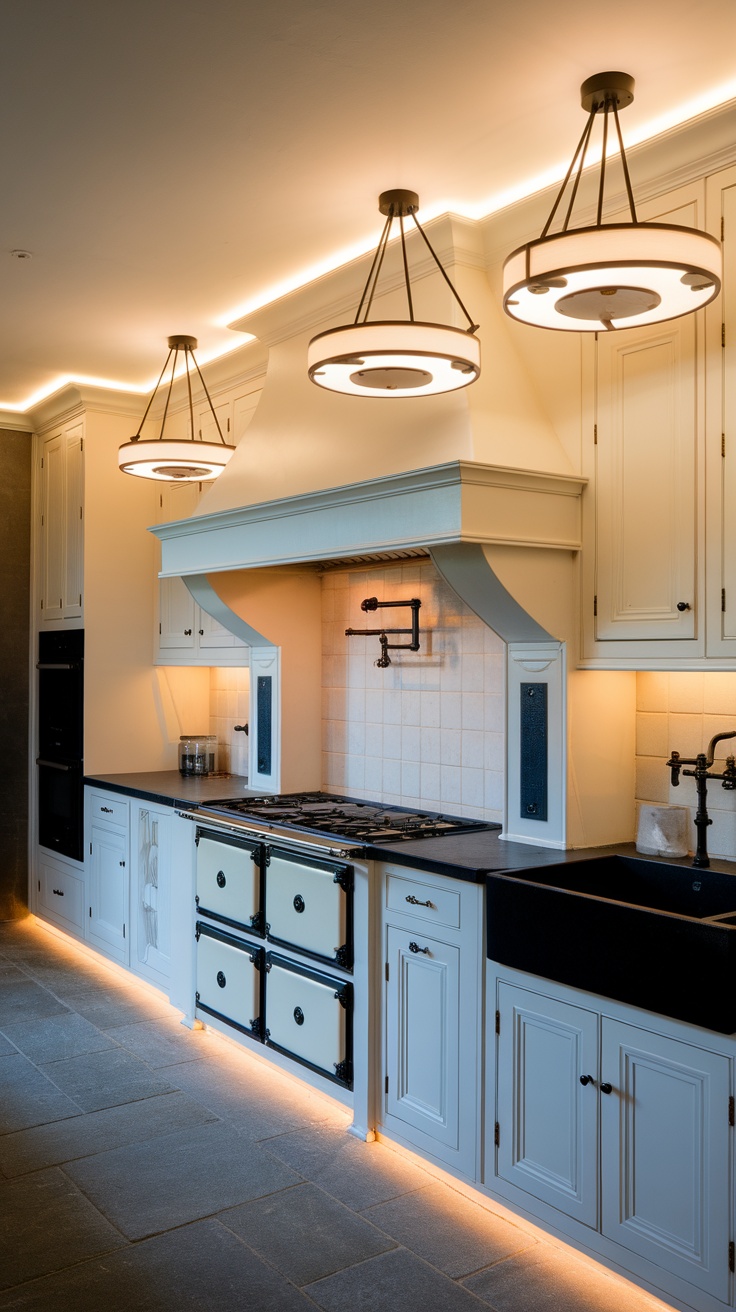 Modern kitchen with dramatic lighting features including hanging lights and LED under-cabinet lighting.