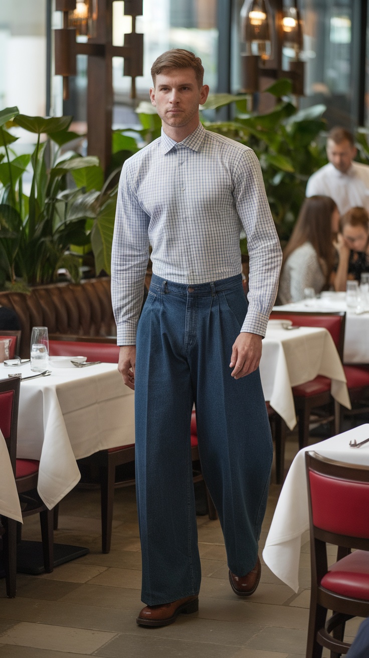 A man wearing wide leg jeans and a tailored shirt in a stylish restaurant setting.