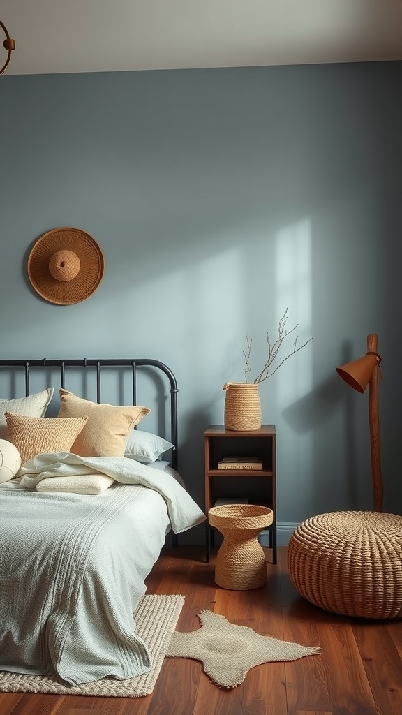 A cozy bedroom featuring a dusty blue wall, layered bedding in soft earth tones, and natural decor elements.