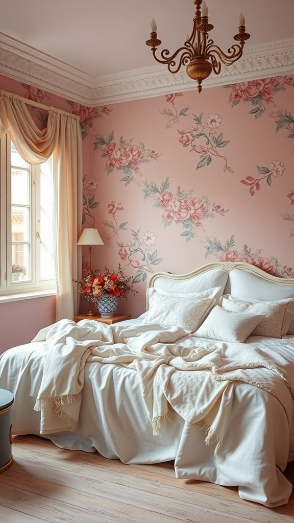 A cozy bedroom featuring dusty rose walls with floral patterns, white bedding, and warm lighting.