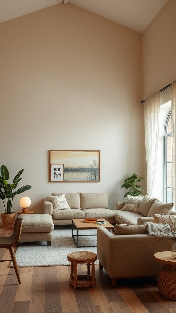 Cozy living room with earthy color palette, featuring beige walls, neutral furniture, and natural wood floors