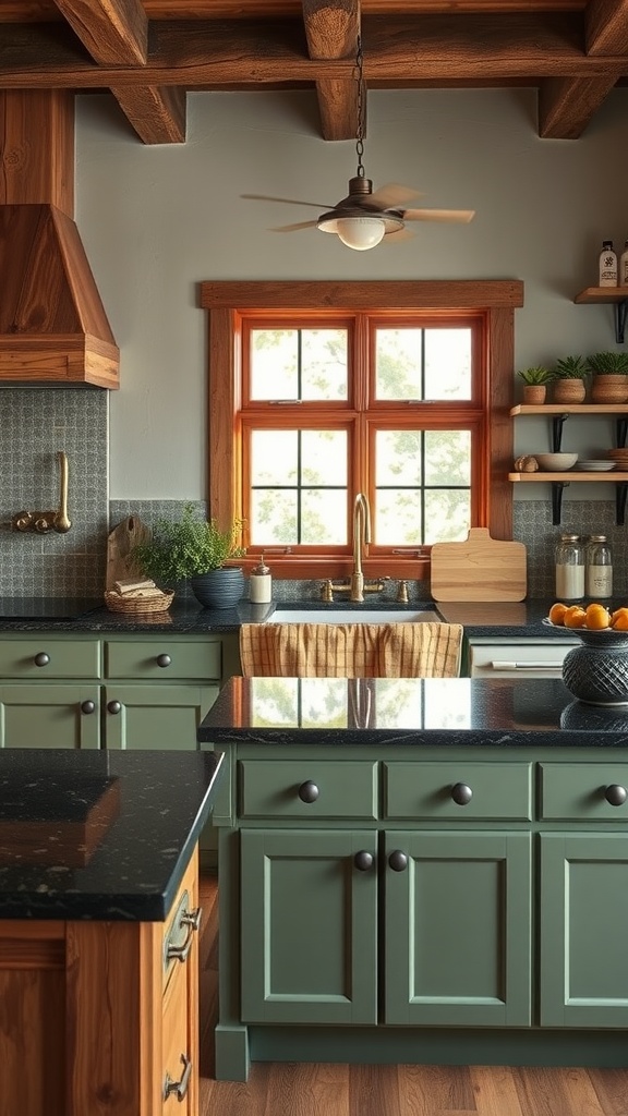 A kitchen featuring black granite countertops and earthy green cabinets, creating a warm and inviting atmosphere.