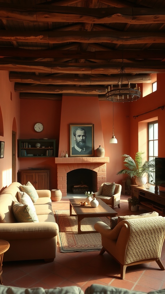 A cozy living room featuring earthy terracotta walls, wooden beams, and comfortable furniture.