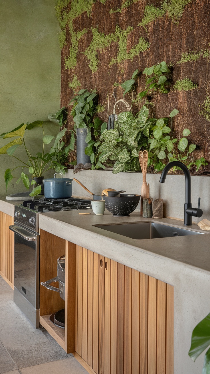 A modern kitchen featuring eco-friendly materials, with a living plant wall and natural wood cabinetry.