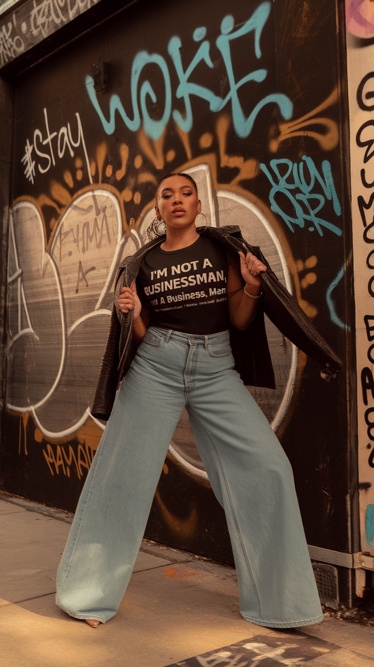 Woman wearing wide leg jeans, a graphic tee, and a leather jacket standing in front of graffiti.