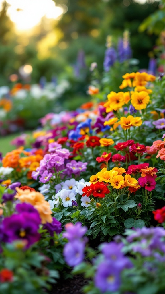 A colorful flower bed filled with various edible flowers such as pansies and nasturtiums.