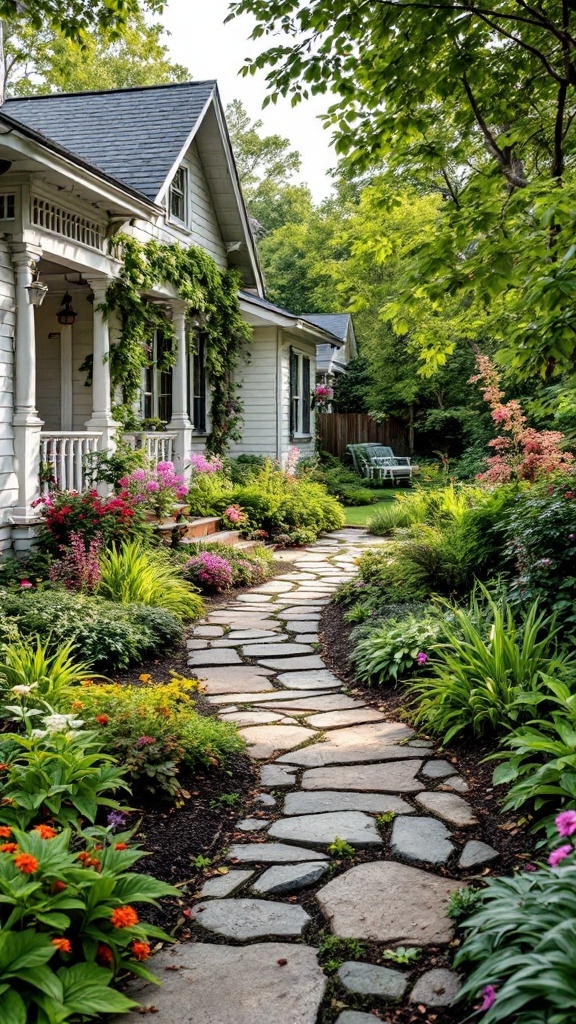 A beautiful garden pathway lined with colorful flowers and greenery leading to a home.