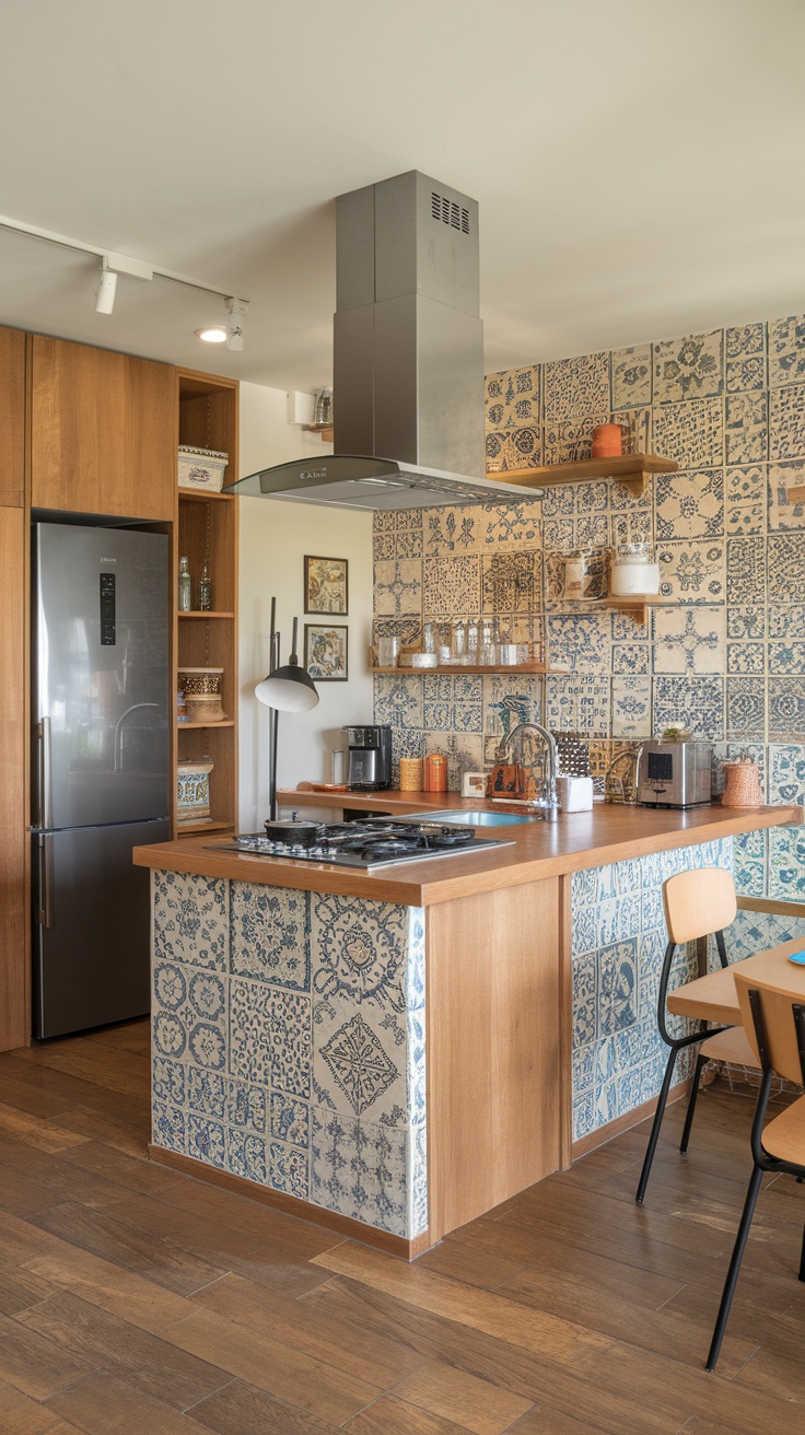 A beautifully designed Ikea kitchen featuring a central island, modern appliances, and artistic tile work.