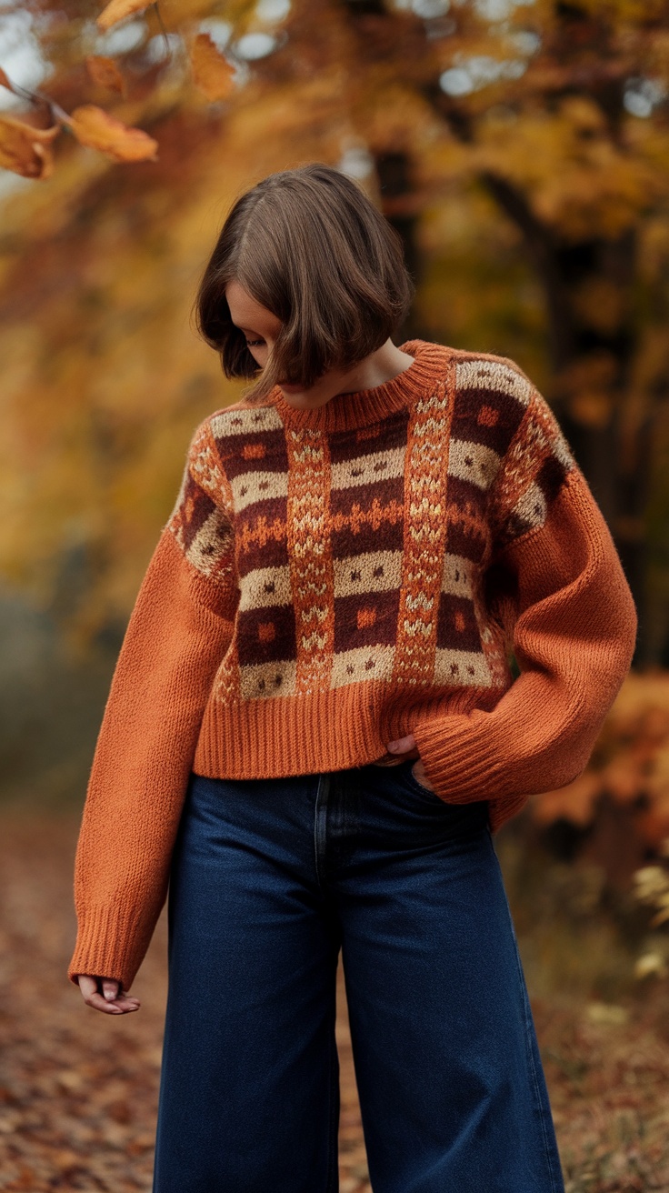 A woman wearing a colorful knit sweater and wide leg jeans stands against a backdrop of autumn leaves.