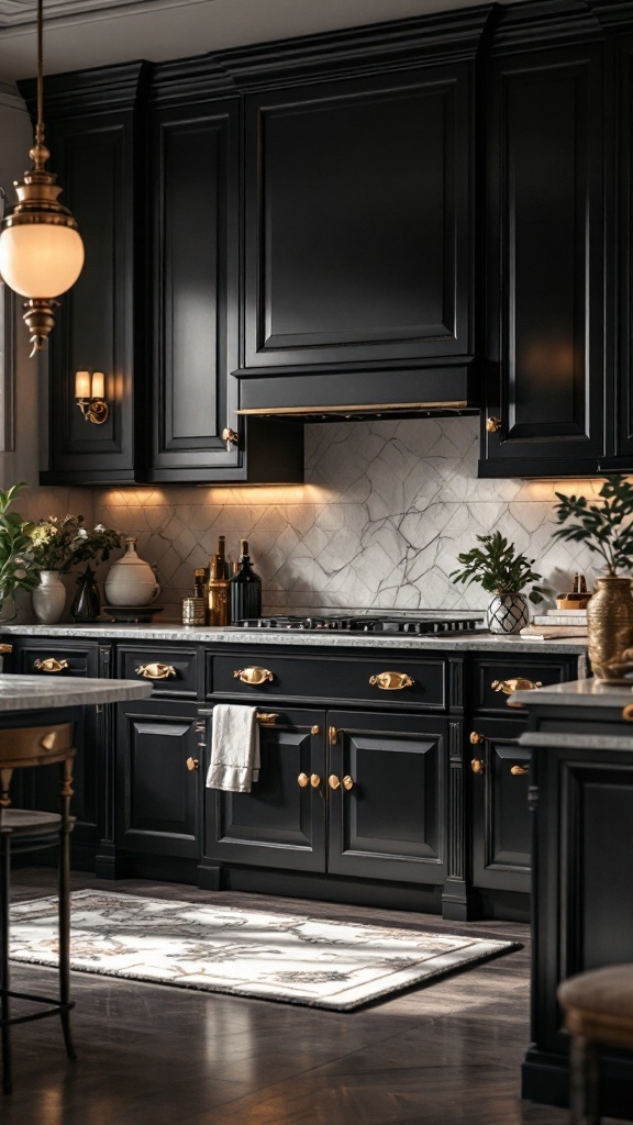 A luxurious black kitchen featuring gold accents, marble backsplash, plants, and warm lighting.