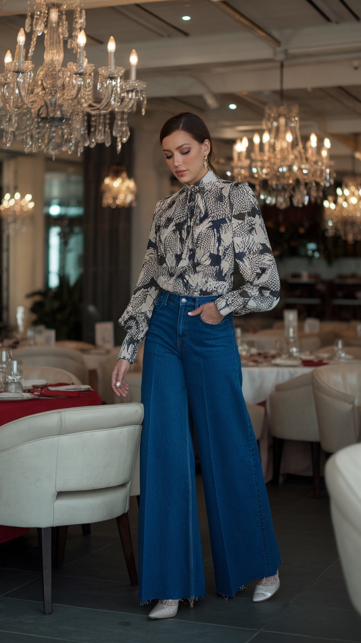 A model wearing wide leg jeans with a stylish blouse and heels in an elegant restaurant setting.