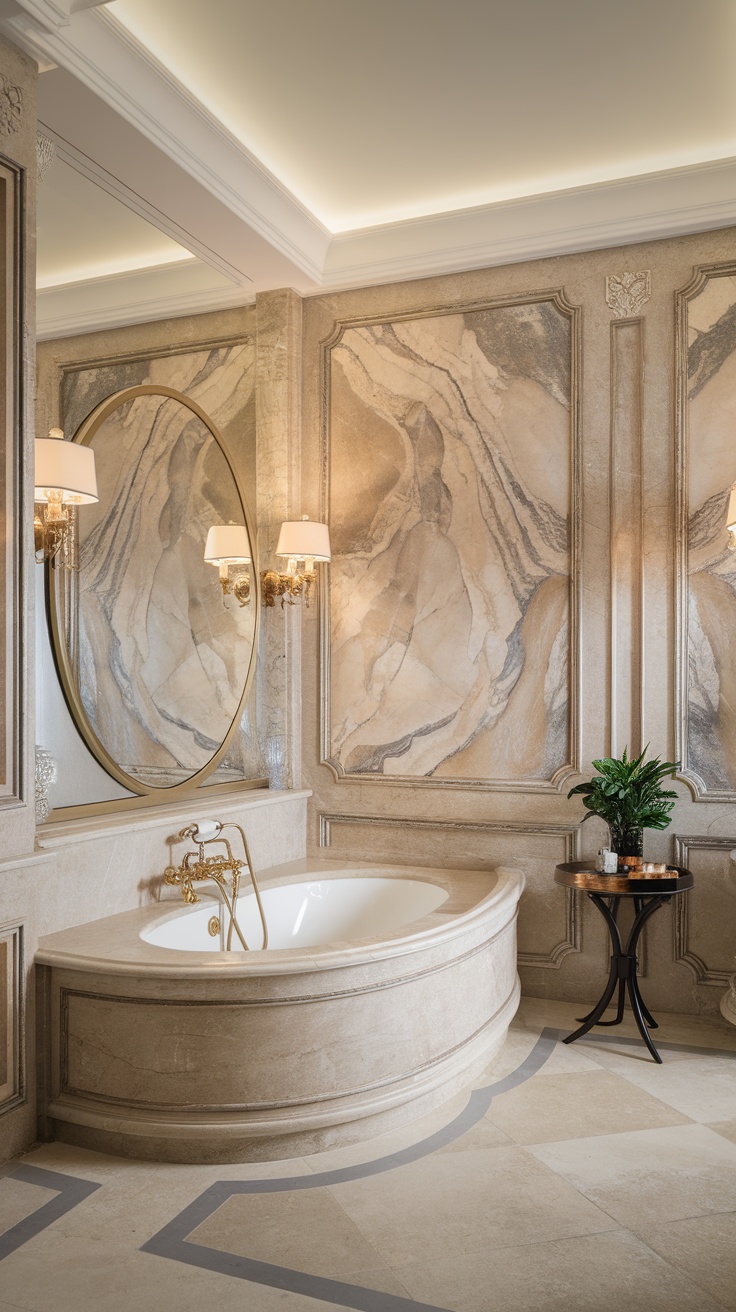 Luxurious bathroom with marble wall panels, elegant bathtub, and stylish decor