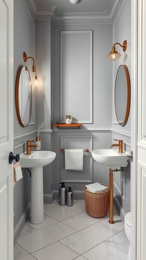 Stylish small bathroom featuring pale gray walls, copper fixtures, and modern decor