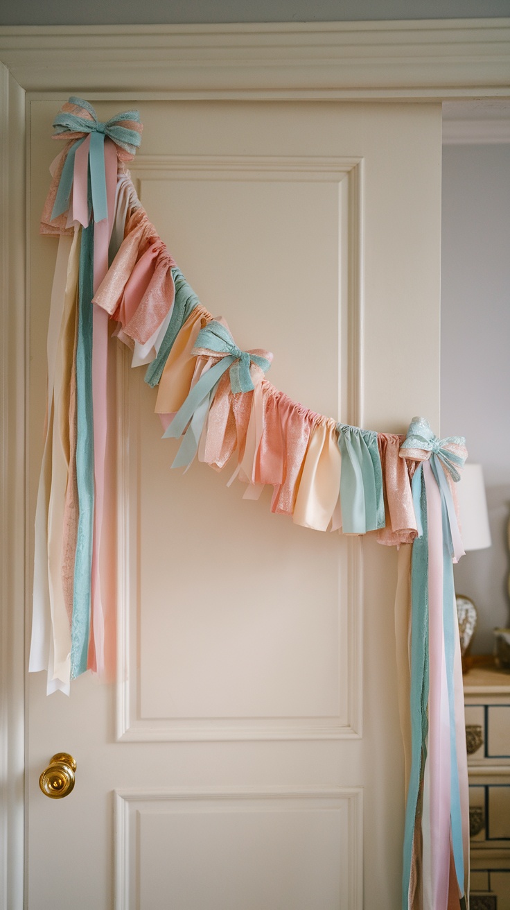 Pastel ribbon garland with bows hanging on a bedroom door