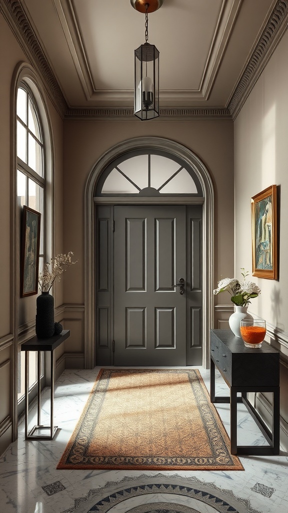 Elegant taupe hallway with a gray door and artistic decor