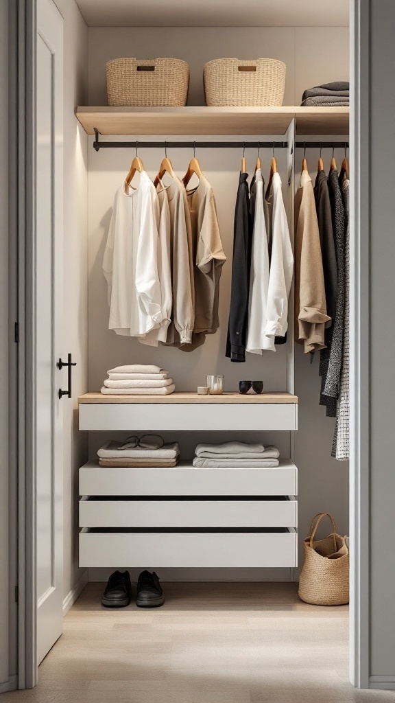 A minimalistic IKEA closet featuring neatly hung clothes, folded towels, woven baskets, and organized drawers.