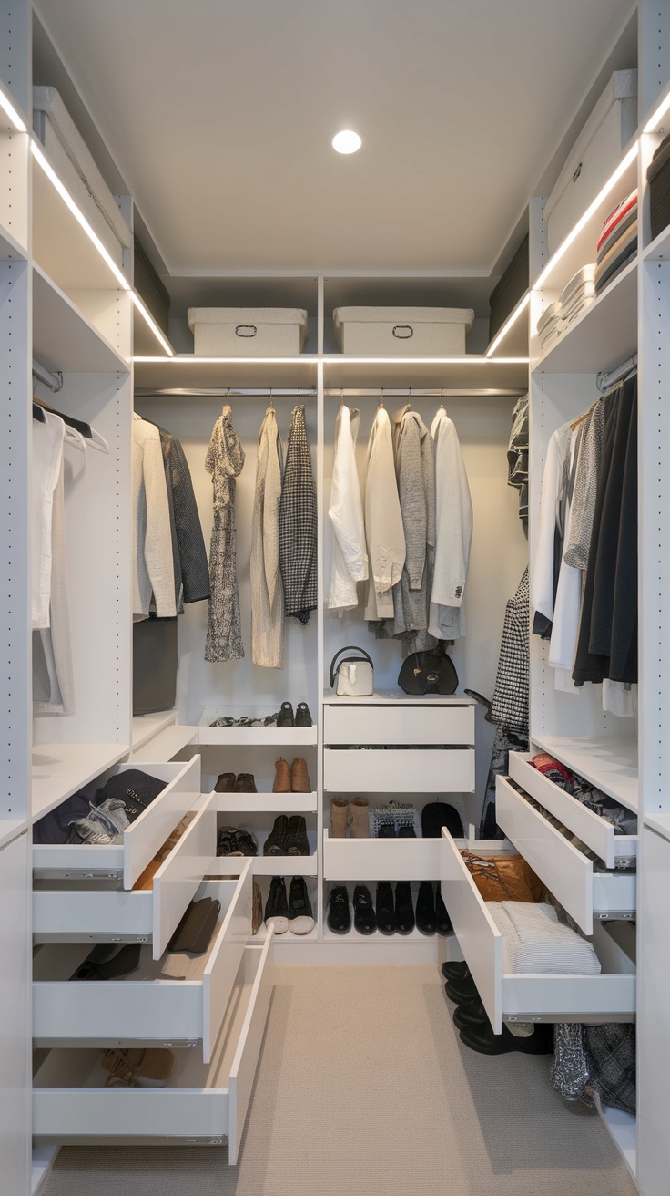 A well-organized walk-in closet featuring hanging clothes, drawers, and storage boxes.