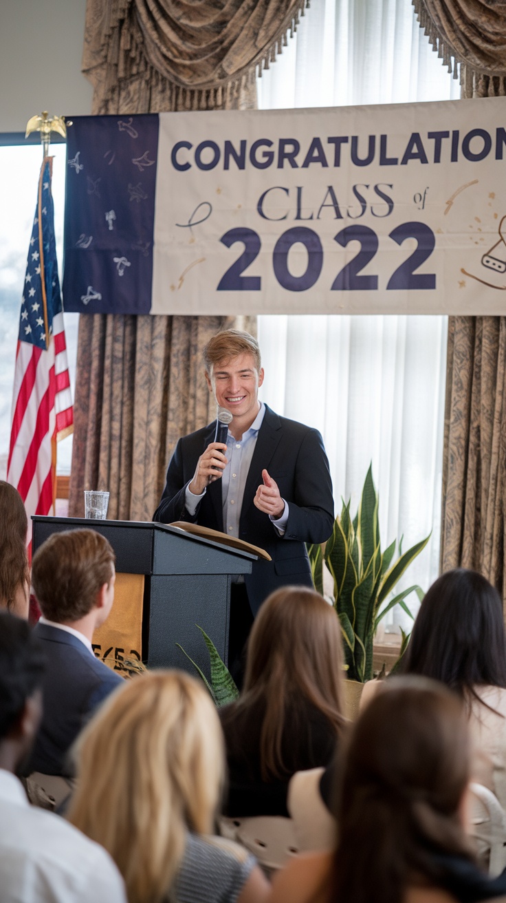 A young man speaking at a graduation event with a banner congratulating the class of 2022 in the background.