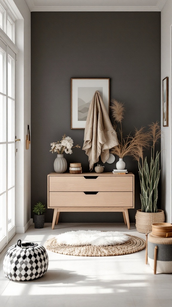 Stylish entryway with dark walls, light wood dresser, plants, and decorative items