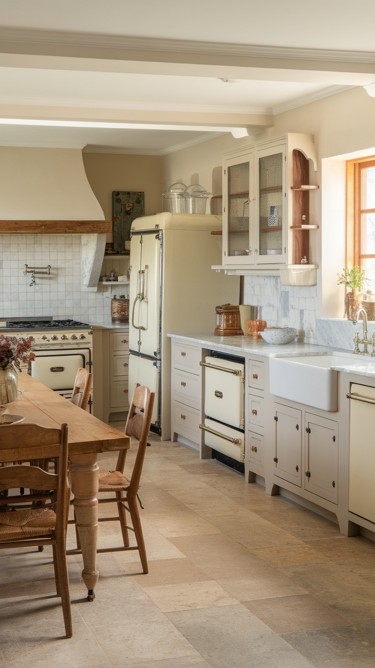 A cozy Ikea kitchen featuring a wooden dining table, vintage appliances, and a spacious layout.