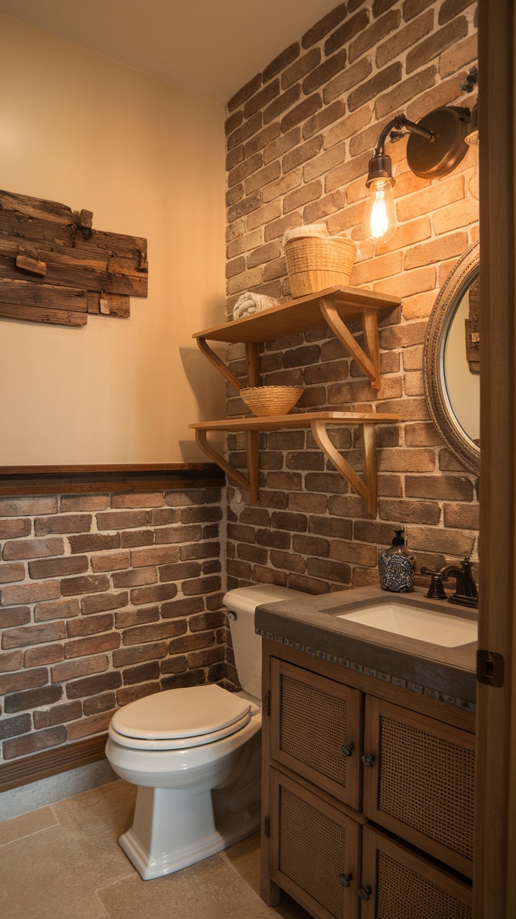 A cozy bathroom featuring faux brick paneling on one wall, wooden shelves, and warm lighting.