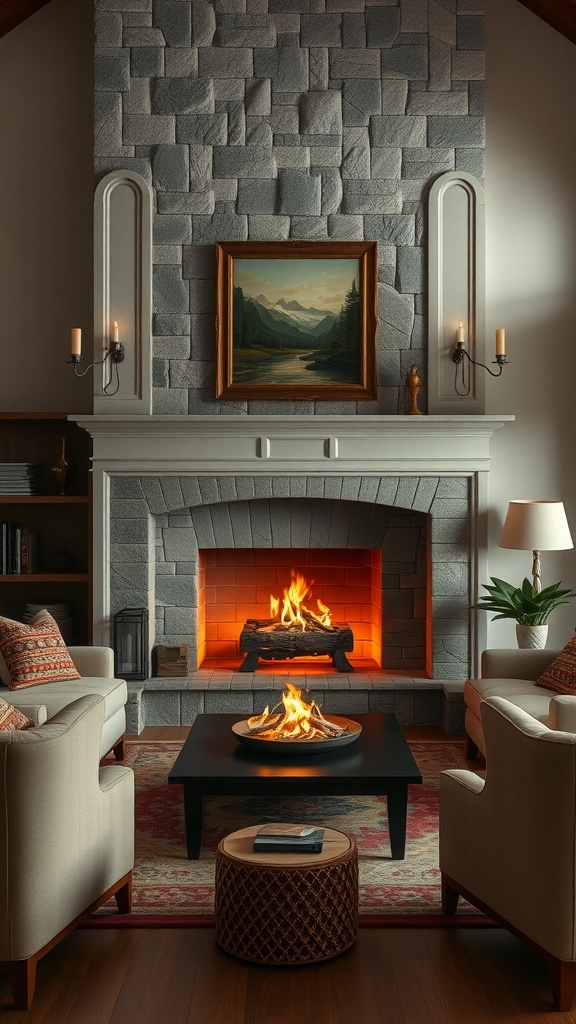 Cozy living room with a stone fireplace, warm fire, and comfortable seating.