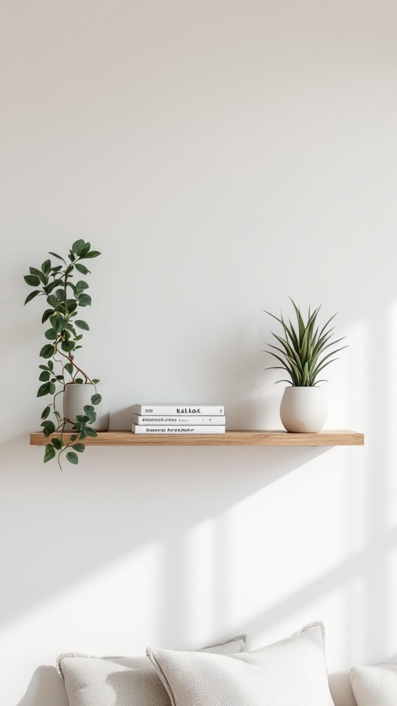 A floating wooden shelf with plants and books on a white wall.