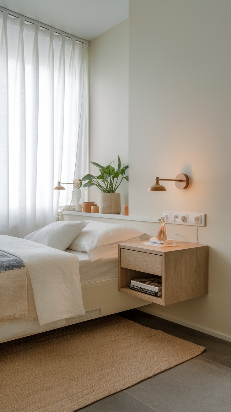 A bedroom featuring a floating nightstand with wall-mounted lighting, plants, and a minimalistic design.