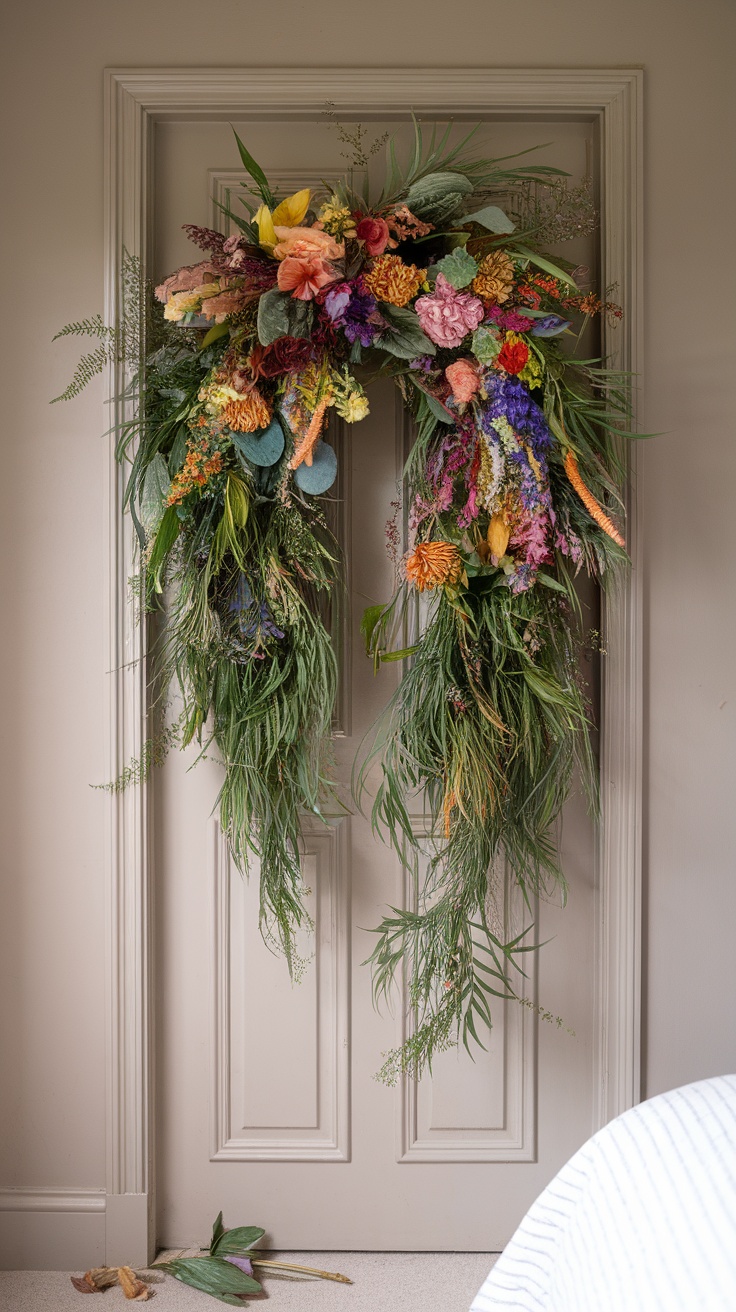 A colorful floral wreath hanging on a beige door with greenery and various flowers.