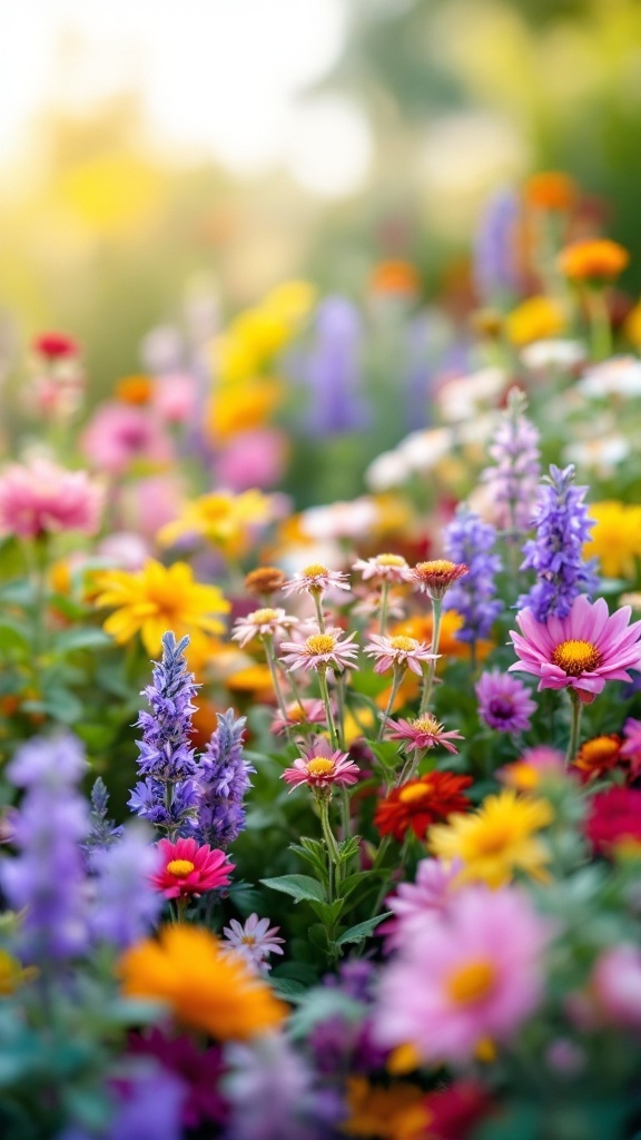 A vibrant flower bed filled with colorful flowers such as daisies, zinnias, and salvia, showcasing a mix of blooms.