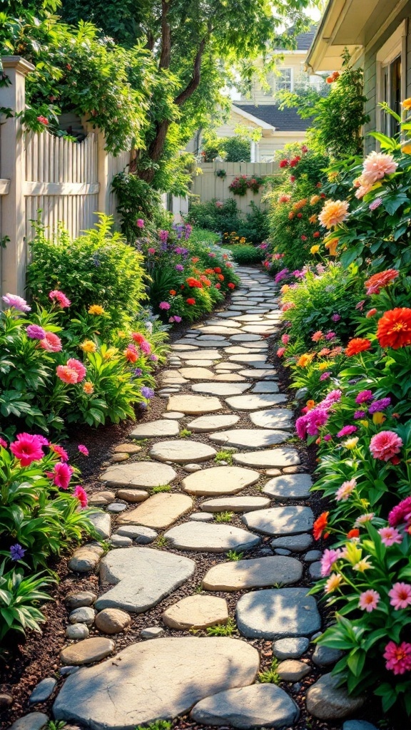 A beautiful front yard flower bed lined with colorful flowers and a stone pathway, creating an inviting atmosphere.