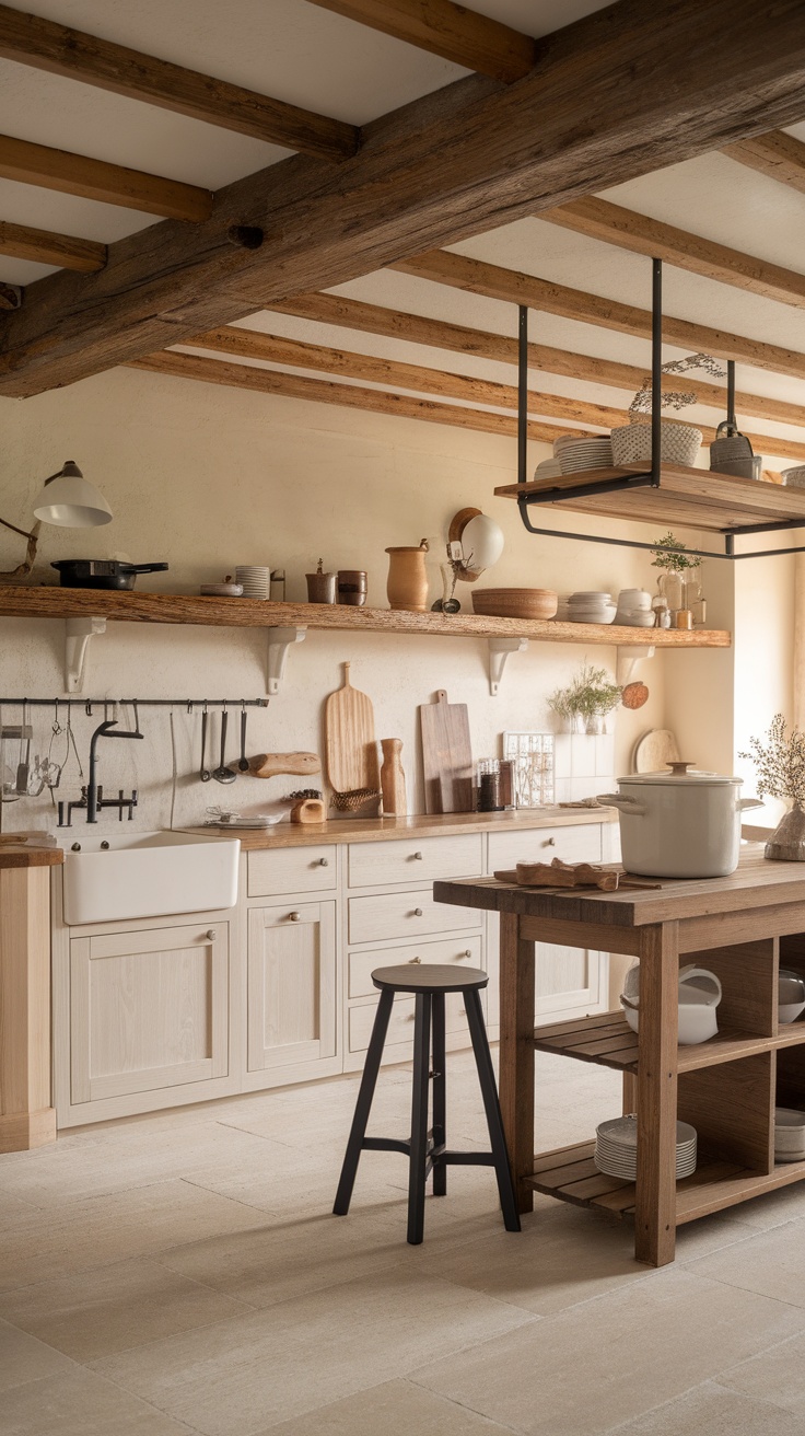 A functional farmhouse kitchen with wooden beams, open shelving, and a large farmhouse sink.