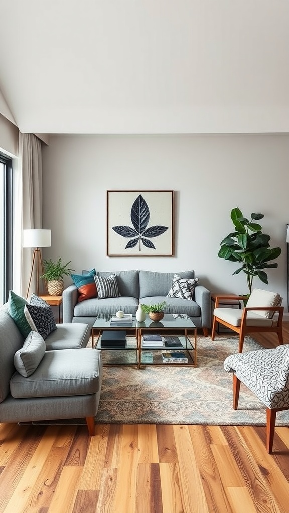 Stylish living room featuring gray sofas, a glass coffee table, vibrant cushions, and indoor plants.