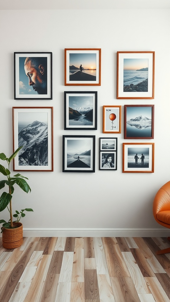 Gallery wall featuring a mix of framed photos and a potted plant.