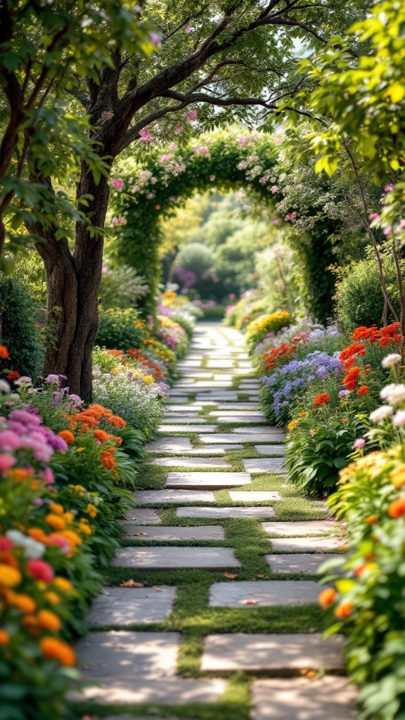 A picturesque garden pathway lined with colorful flowers and trees, featuring stone slabs and a green archway.