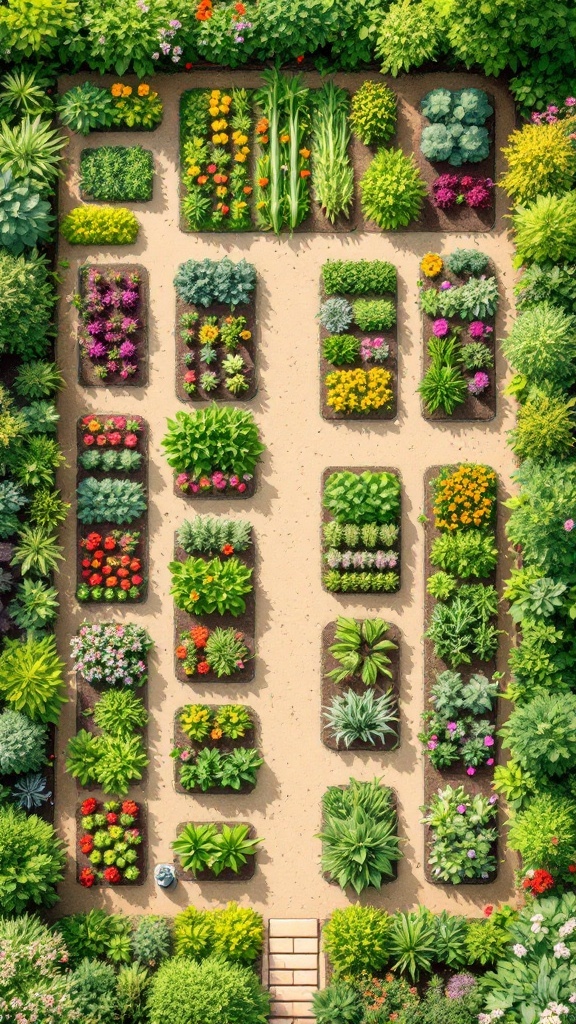 Aerial view of a vibrant garden layout with distinct zones for flowers and vegetables.