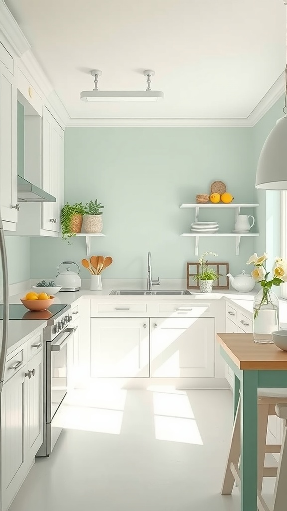 A bright kitchen with gentle mint walls and white cabinetry.