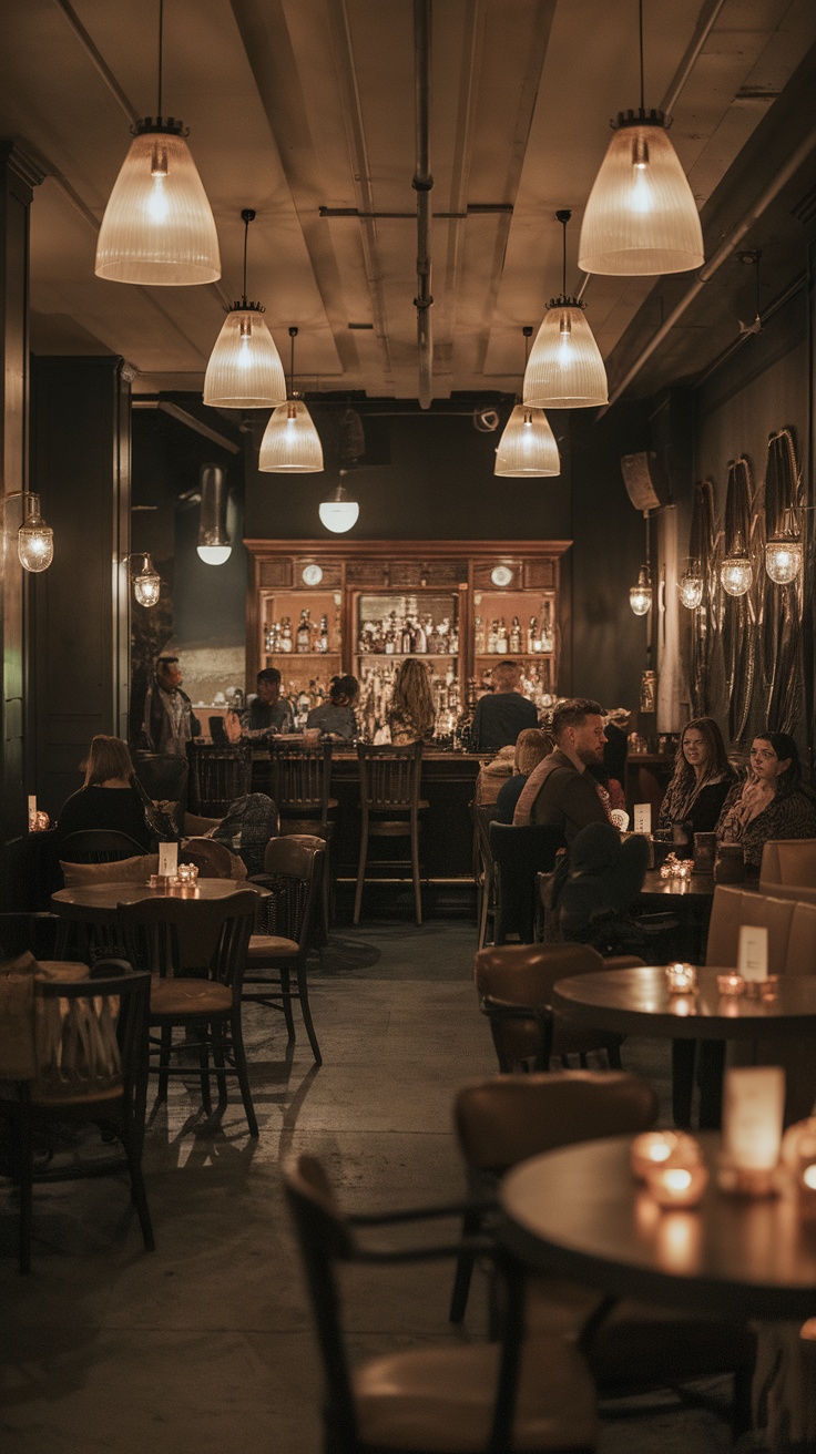 A cozy speakeasy interior with dim lighting, featuring pendant lights and candles on tables.