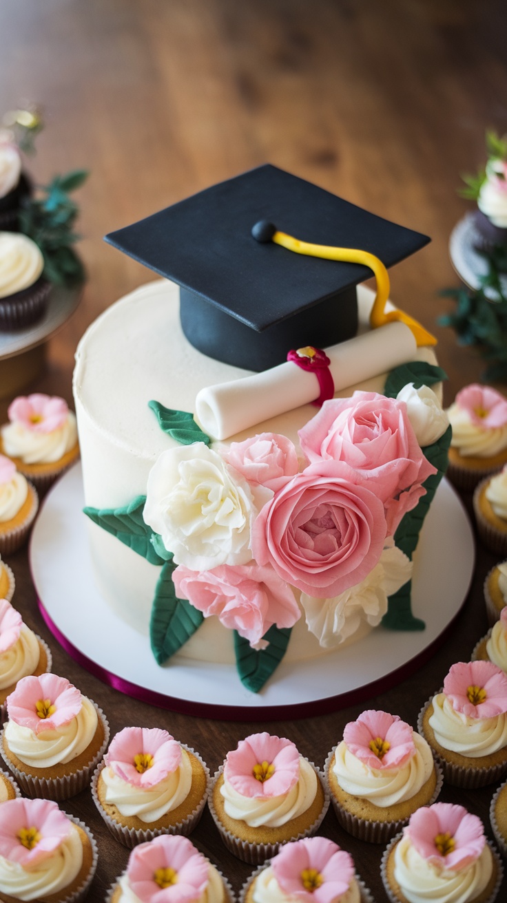 A beautifully decorated graduation cake with a cap, diploma, and roses, surrounded by cupcakes.